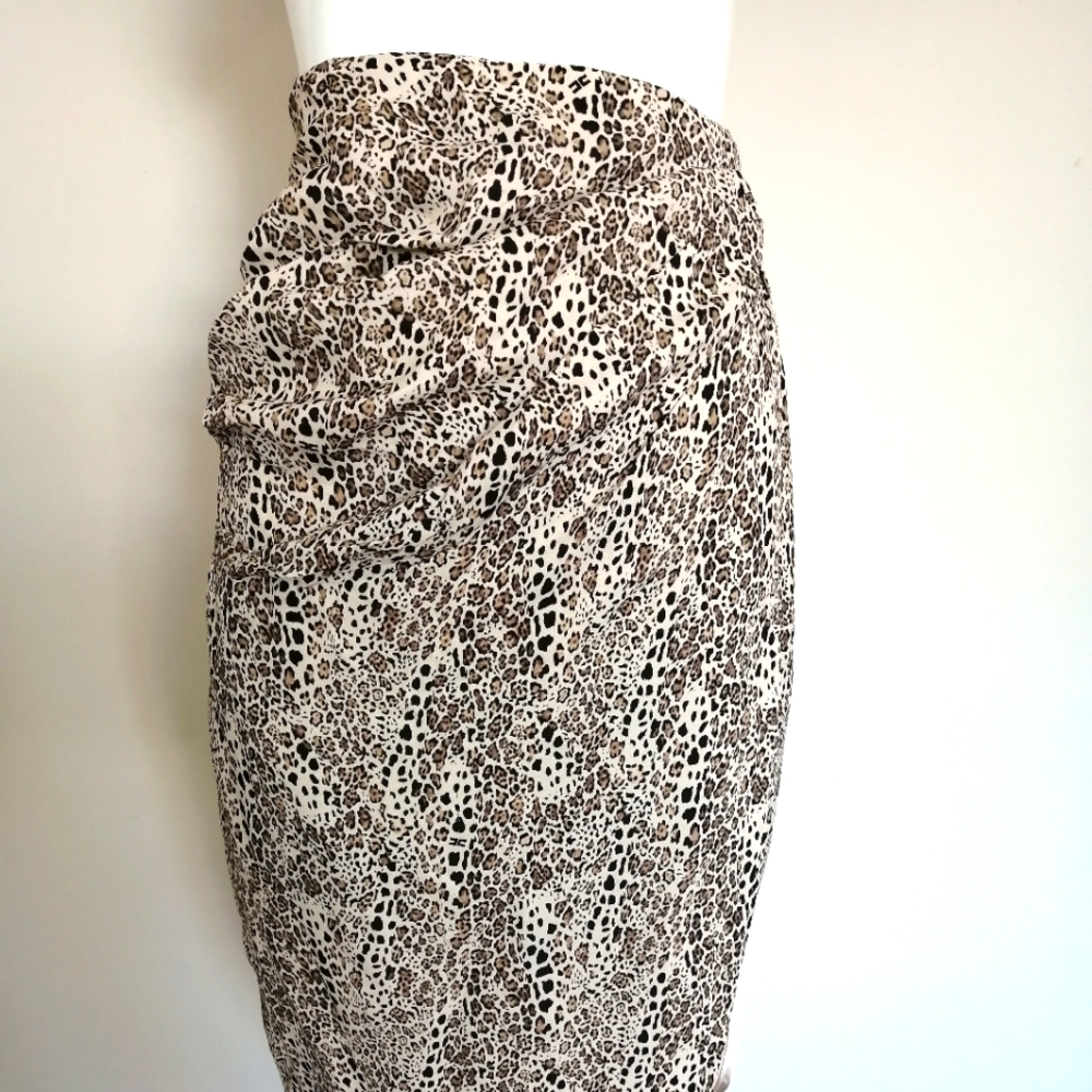 Leopard Print Ruched Pencil Skirt - Cream and Brown